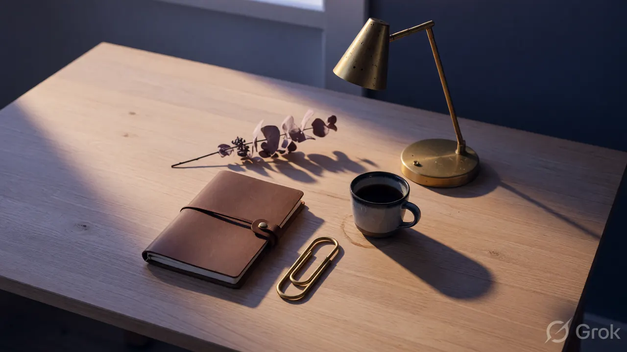 Quiet wooden desk with closed leather notebook, brass paperweight and ceramic coffee cup, the cover image for the Daily Race leaderboard article