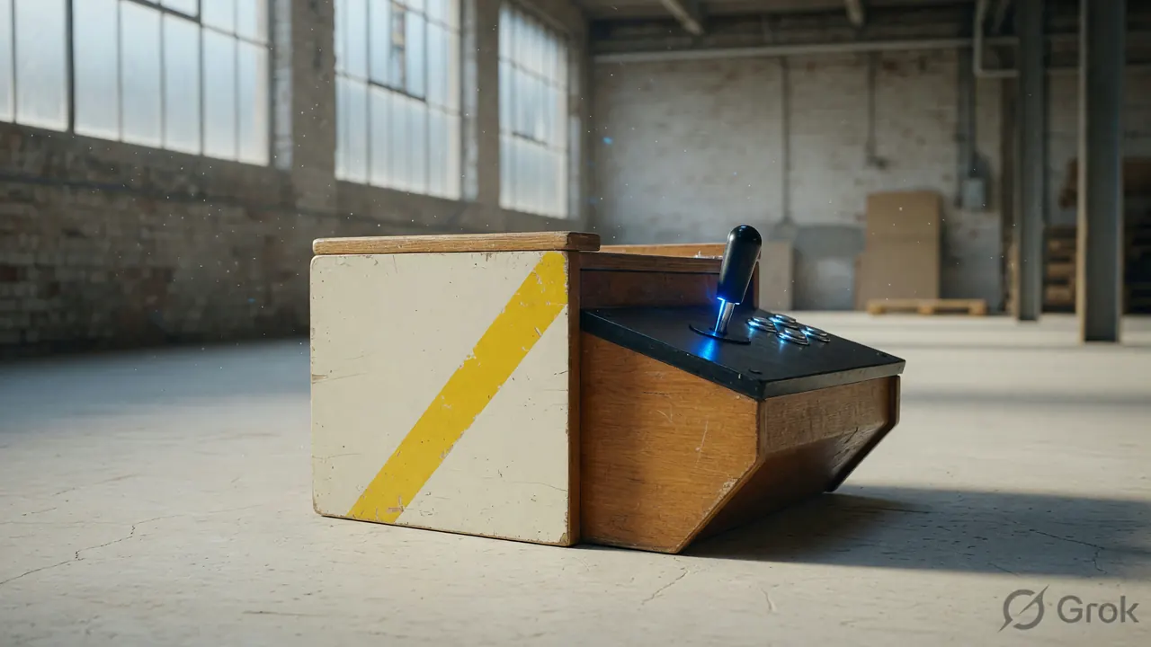Vintage tabletop arcade cabinet side profile in a softly lit warehouse interior, the cover image for the JILI August line-up article