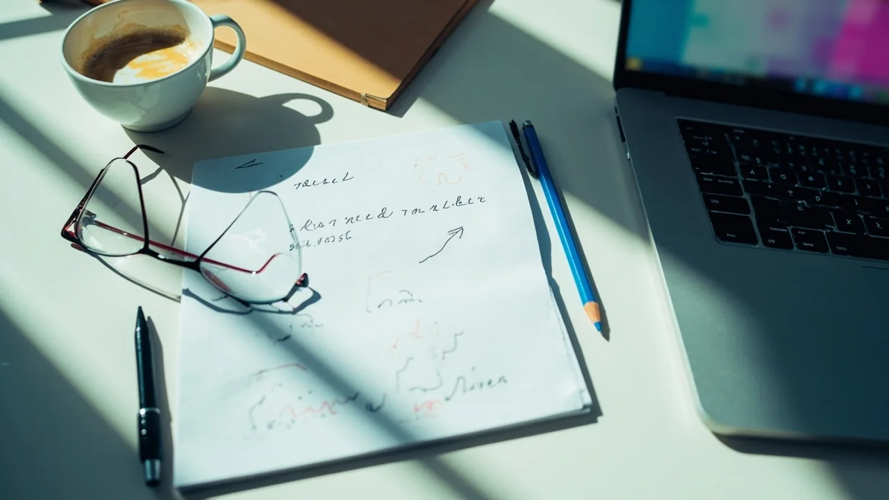 Researcher's desk with notepad, laptop and pencil